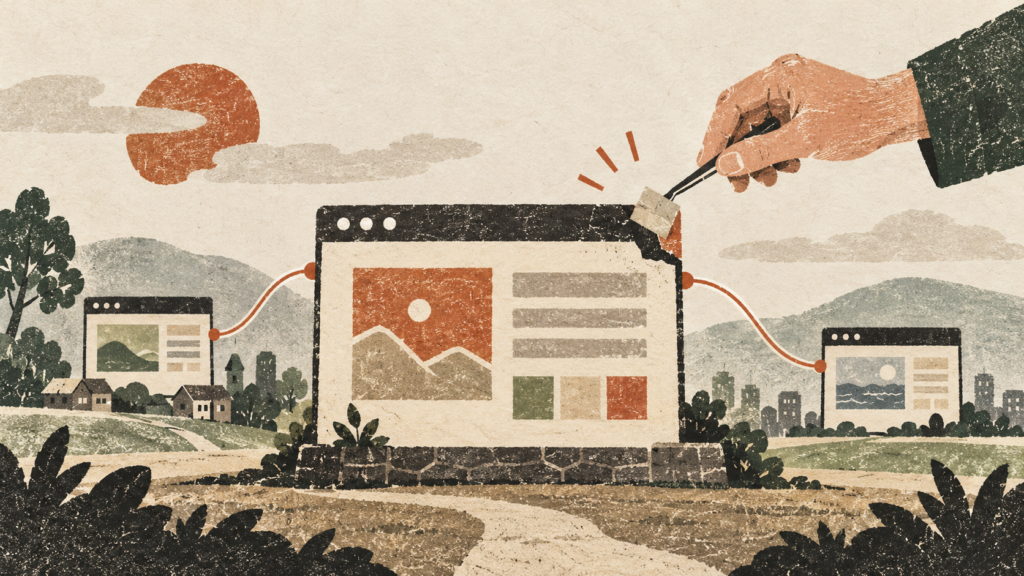 つながったWebページの一つを手で補修する、紙と版画の質感のイラスト